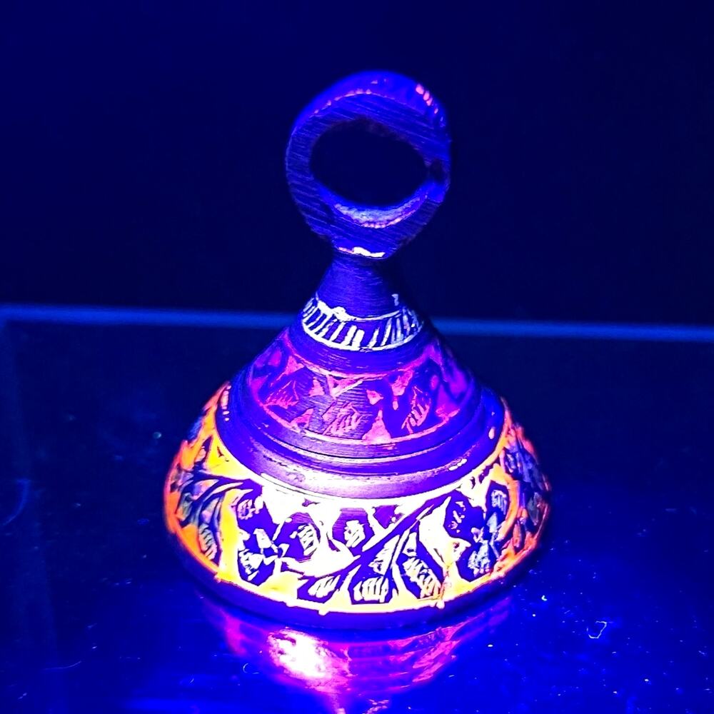 Vintage India Brass Elephant Claw Bell Enameled Etched 2” Fluorescent UV Glow